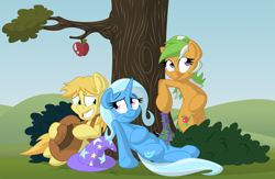 Size: 1920x1254 | Tagged: safe, artist:dfectivedvice, artist:xhazxmatx, character:apple leaves, character:braeburn, character:trixie, apple, apple family member, bong, colored, tree, trixburn