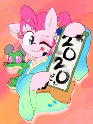 Size: 1536x2048 | Tagged: safe, artist:akainu_pony, character:gummy, character:pinkie pie, species:earth pony, species:pony, 2020, female, looking at you, mare, one eye closed, solo, tongue out, wink, year of the rat
