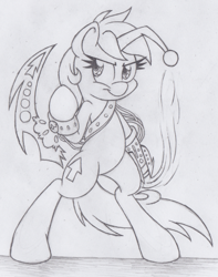 Size: 432x547 | Tagged: safe, artist:dfectivedvice, oc, oc only, oc:karma, species:pony, species:unicorn, action pose, bipedal, black and white, claws, cutie mark, female, grayscale, mare, monochrome, ponified, reddit, simple background, sketch, sword, traditional art, upvote, weapon