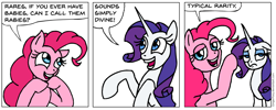 Size: 1460x583 | Tagged: safe, artist:gingerfoxy, character:pinkie pie, character:rarity, species:earth pony, species:pony, species:unicorn, comic, pony comic generator, text