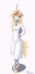 Size: 588x1238 | Tagged: safe, artist:alasou, character:derpy hooves, species:alicorn, species:anthro, species:pony, alicornified, clothing, derpicorn, dress, female, muffin queen, plunger, plungercorn, plungicorn derpy, race swap, skinny, solo