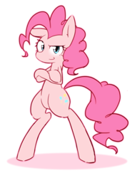 Size: 1592x2071 | Tagged: safe, artist:akainu_pony, character:pinkie pie, species:earth pony, species:pony, bipedal, crossed hooves, cute, diapinkes, ear down, female, looking at you, mare, pixiv, simple background, solo, white background