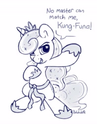 Size: 3218x4096 | Tagged: safe, artist:bobdude0, character:princess luna, species:pony, black belt, female, kung fu, mare, martial arts, monochrome, raised hoof, sketches from a hat, solo, standing, text