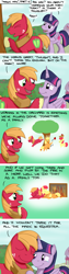 Size: 1080x4320 | Tagged: safe, artist:hoofclid, character:apple bloom, character:applejack, character:big mcintosh, character:twilight sparkle, character:twilight sparkle (alicorn), species:alicorn, species:earth pony, species:pony, comic:magic mac, chibi, comic, dialogue, female, male, not shipping, tree