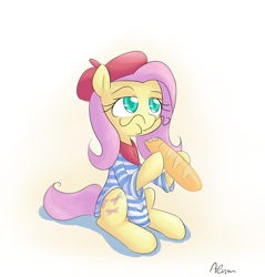 Size: 1050x1100 | Tagged: safe, artist:alasou, character:fluttershy, species:pony, baguette, bread, clothing, eating, facial hair, female, food, french, hat, mare, moustache, scarf, shirt, simple background, solo, stereotype