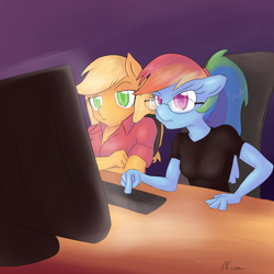 Size: 1200x1200 | Tagged: safe, artist:alasou, character:applejack, character:rainbow dash, species:anthro, alternate hairstyle, computer, glasses, ponytail, rainbow dork