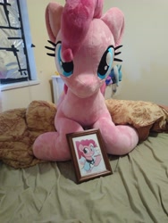 Size: 3072x4096 | Tagged: safe, artist:lanacraft, character:pinkie pie, species:earth pony, species:pony, bed, dessert, female, food, photo, picture frame, plushie, solo