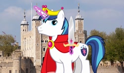 Size: 1280x755 | Tagged: safe, artist:ambassad0r, artist:disneymarvel96, edit, character:shining armor, species:pony, species:unicorn, g4, brooch, cape, clothing, crown, england, irl, jewelry, london, magic, male, photo, ponies in real life, regalia, solo, sword, tower of london, united kingdom, vector, vector edit, weapon