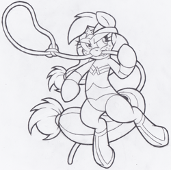 Size: 681x675 | Tagged: safe, artist:dfectivedvice, character:applejack, crossover, grayscale, hatless, lasso, missing accessory, monochrome, mouth hold, parody, solo, traditional art, wonder woman, wonderjack