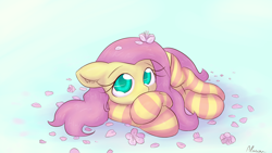 Size: 1920x1080 | Tagged: safe, artist:alasou, character:fluttershy, species:pegasus, species:pony, g4, cherry blossoms, clothing, colored pupils, cute, ear fluff, female, flower, flower blossom, flower petals, looking at you, lying down, mare, shyabetes, socks, solo, striped socks, wallpaper