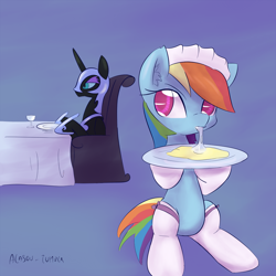Size: 1200x1200 | Tagged: safe, artist:alasou, character:nightmare moon, character:princess luna, character:rainbow dash, species:pony, 30 minute art challenge, bed, clothing, drool, female, food, mare, slave, spit, spit on food, stockings