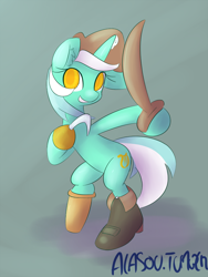 Size: 750x1000 | Tagged: safe, artist:alasou, character:lyra heartstrings, species:pony, species:unicorn, amputee, bipedal, boots, clothing, colored pupils, grin, hat, hook, hook hand, hook hoof, peg leg, pirate, pirate hat, prosthetic leg, prosthetic limb, prosthetics, simple background, smiling, solo, sword