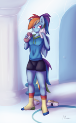Size: 850x1380 | Tagged: safe, artist:alasou, character:rainbow dash, species:anthro, clothing, drink, socks, sweat