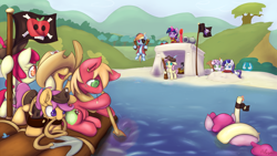 Size: 1920x1080 | Tagged: safe, artist:alasou, character:apple bloom, character:applejack, character:big mcintosh, character:fluttershy, character:pinkie pie, character:rainbow dash, character:rarity, character:scootaloo, character:smarty pants, character:sweetie belle, character:twilight sparkle, character:twilight sparkle (alicorn), species:alicorn, species:pegasus, species:pony, anchor, beach, boat, cannon, chest, costume, cutie mark crusaders, eyepatch, female, filly, flag, floaty, inner tube, mare, pirate, raft, wallpaper, younger