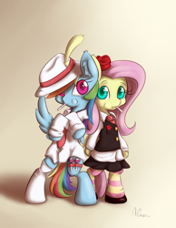 Size: 930x1200 | Tagged: safe, artist:alasou, character:fluttershy, character:rainbow dash, species:pony, bipedal, clothing, fedora, flower, hat, lollipop, rose, socks, standing, stockings, striped socks