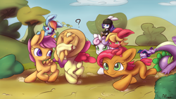Size: 1920x1080 | Tagged: safe, artist:alasou, character:apple bloom, character:applejack, character:babs seed, character:big mcintosh, character:rainbow dash, character:rarity, character:scootaloo, character:spike, character:sweetie belle, character:twilight sparkle, species:pegasus, species:pony, species:rabbit, accessory swap, bunnified, bunny sparkle, bunnyjack, clothing, cutie mark crusaders, faceplant, hat, rabbit dash, rabbity, race, racing, riding, species swap, wallpaper