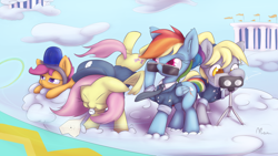 Size: 1920x1080 | Tagged: safe, artist:alasou, character:derpy hooves, character:fluttershy, character:rainbow dash, character:scootaloo, species:pegasus, species:pony, binoculars, clothing, cloud, cloudsdale, cloudy, female, mare, police, ponytail, sunglasses, uniform, wallpaper, whistle