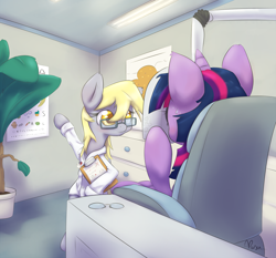 Size: 1500x1400 | Tagged: safe, artist:alasou, character:derpy hooves, character:twilight sparkle, species:pony, bipedal, clothing, doctor, eye exam, glasses, interior, optometry