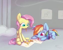 Size: 1150x900 | Tagged: safe, artist:alasou, character:fluttershy, character:rainbow dash, cloudsdale, crayons, cute, drawing, filly