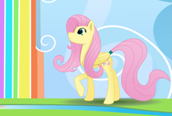 Size: 1091x732 | Tagged: safe, artist:ambassad0r, character:fluttershy, rainbow, rainbow waterfall, solo, tail wrap, vector, waterfall, winsome falls