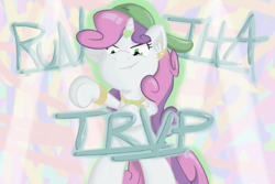 Size: 1500x1000 | Tagged: safe, artist:bobdude0, character:sweetie belle, species:pony, species:unicorn, backwards ballcap, baseball cap, bipedal, bling, cap, clothing, female, filly, gangsta, hat, horn ring, jewelry, solo, text