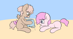 Size: 5426x2960 | Tagged: safe, artist:maxisb8, oc, oc only, oc:kayla, oc:mary jane, species:earth pony, species:pegasus, species:pony, g4, beach, duo, filly, kayry, laying, oc x oc, playing, sand castle, shipping, simple background, sitting, tail bow