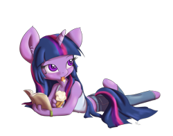 Size: 1400x1100 | Tagged: safe, artist:alasou, character:twilight sparkle, species:anthro, book, clothing, female, ice cream, jeans, pants, solo, tank top
