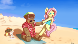 Size: 1920x1080 | Tagged: safe, artist:alasou, character:angel bunny, character:fluttershy, species:anthro, beach, bear, breasts, clothing, delicious flat chest, flattershy, one-piece swimsuit, swimsuit