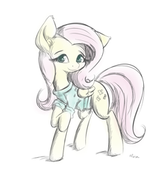 Size: 606x619 | Tagged: safe, artist:alasou, character:fluttershy, species:pegasus, species:pony, bottomless, clothing, cute, ear fluff, female, folded wings, green sweater, looking at you, mare, one hoof raised, partial nudity, short-sleeved sweater, smiling, solo, standing, sweater, sweatershy