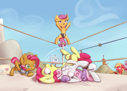 Size: 1160x830 | Tagged: safe, artist:alasou, character:apple bloom, character:babs seed, character:big mcintosh, character:imp the mimicker, character:scootaloo, character:sweetie belle, species:mimicker, species:pegasus, species:pony, bipedal, clothing, cutie mark crusaders, fight, german suplex, referee, signs, speedo, suplex, this will end in the hospital, wrestling