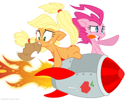 Size: 5000x4000 | Tagged: safe, artist:dfectivedvice, artist:yanoda, character:applejack, character:pinkie pie, .ai available, colored, riding, rocket, simple background, transparent background, vector