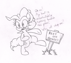 Size: 700x621 | Tagged: safe, artist:dfectivedvice, character:pinkie pie, species:pony, bipedal, dialogue, grass, grayscale, monochrome, sign, sketch, solo, traditional art
