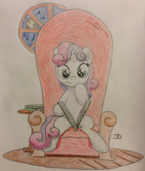 Size: 1735x2047 | Tagged: safe, artist:bobdude0, character:sweetie belle, book, chair, reading, solo, traditional art