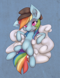 Size: 1400x1800 | Tagged: safe, artist:alasou, character:rainbow dash, clothing, cloud, hat, looking at you, on back, smiling, solo
