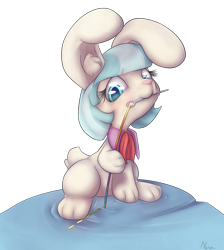 Size: 1700x1900 | Tagged: safe, artist:alasou, character:coco pommel, species:rabbit, episode:rarity takes manehattan, g4, my little pony: friendship is magic, :3, bunnified, cocobetes, cute, mouth hold, needle, sewing, simple background, sitting, smiling, solo, species swap, transparent background
