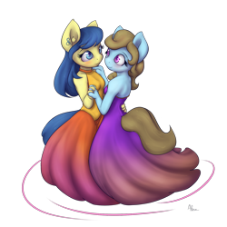 Size: 1500x1500 | Tagged: safe, artist:alasou, character:beauty brass, character:fiddlesticks, species:anthro, species:earth pony, g4, apple family member, blushing, clothing, dancing, dress, female, fiddlebrass, holding hands, lesbian, looking at each other, mare, shipping, signature, simple background, transparent background
