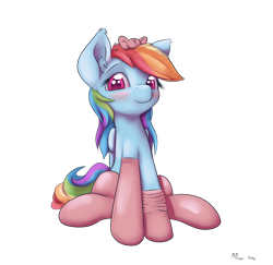 Size: 1850x1800 | Tagged: safe, artist:alasou, character:rainbow dash, bedroom eyes, blushing, bow, clothing, cute, dashabetes, girly, looking at you, simple background, smiling, socks, solo, tomboy taming, transparent background