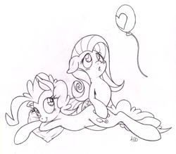 Size: 800x701 | Tagged: safe, artist:dfectivedvice, character:fluttershy, character:pinkie pie, ship:flutterpie, balloon, belly button, female, grayscale, lesbian, lineart, monochrome, pillow, prone, traditional art
