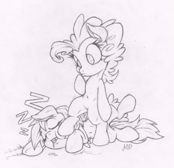 Size: 1033x1000 | Tagged: safe, artist:dfectivedvice, character:pinkie pie, character:rainbow dash, species:pony, belly button, bipedal, grayscale, monochrome, sketch, sleeping, traditional art, zzz