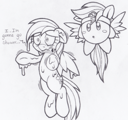 Size: 516x482 | Tagged: safe, artist:dfectivedvice, character:rainbow dash, crossover, dialogue, grayscale, horrified, implied vore, kirby, kirby (character), kirby dash, monochrome, post-vore, sketch, traditional art, video game