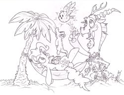 Size: 1953x1500 | Tagged: safe, artist:dfectivedvice, character:discord, character:gummy, character:pinkie pie, chaos, drink, grayscale, hammock, lineart, magic, monochrome, on back, pet, traditional art