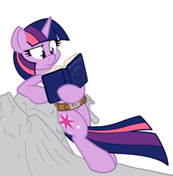 Size: 1178x1200 | Tagged: safe, artist:dfectivedvice, artist:xhazxmatx, character:twilight sparkle, belt, book, colored, field study, geology, hammer, leaning, reading, simple background, solo, toolbelt, white background