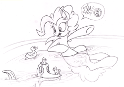 Size: 2126x1500 | Tagged: safe, artist:dfectivedvice, character:gummy, species:duck, animal, bath, dialogue, grayscale, lineart, monochrome, pet, pictogram, speech bubble, traditional art, water
