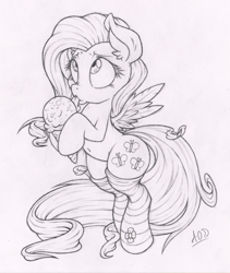 Size: 843x1000 | Tagged: safe, artist:dfectivedvice, character:fluttershy, species:pony, belly button, bipedal, clothing, food, grayscale, monochrome, sketch, socks, solo, striped socks, tongue out, traditional art