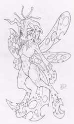 Size: 594x1000 | Tagged: safe, artist:dfectivedvice, character:queen chrysalis, grayscale, monochrome, semi-anthro, solo, traditional art