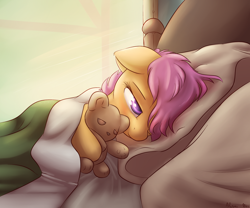 Size: 1500x1250 | Tagged: safe, artist:alasou, character:scootaloo, species:pegasus, species:pony, bed, blanket, cute, cutealoo, morning, morning ponies, on side, pillow, sleepy, solo, teddy bear, waking up