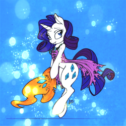 Size: 800x800 | Tagged: safe, artist:dfectivedvice, character:rarity, species:pony, bipedal, clothing, colored, dress, hat, hoof hold, mage, magic, smiling, solo, torn clothes, wizard