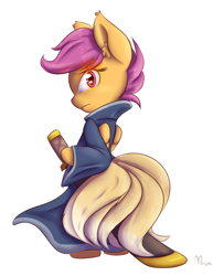 Size: 708x919 | Tagged: safe, artist:alasou, character:scootaloo, species:pegasus, species:pony, battle stance, bipedal, cape, clothing, fox pony, fox tails, frown, glare, hybrid, kitsune pony, looking at you, looking back, multiple tails, robe, ronin, samurai, solo, sword, wings