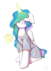 Size: 900x1250 | Tagged: safe, artist:alasou, character:derpy hooves, character:princess celestia, species:pegasus, species:pony, bed mane, clothing, coffee, cute, cutelestia, female, floppy ears, frown, hair over one eye, heart, looking at you, magic, mare, morning ponies, mug, shirt, sitting, solo, telekinesis, tired