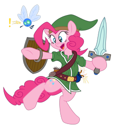 Size: 5460x5970 | Tagged: safe, artist:dfectivedvice, artist:twiforce, character:pinkie pie, species:pony, absurd resolution, bipedal, clothing, colored, cosplay, dexterous hooves, duo, female, hat, hoof hold, human pose, link, mare, navi, parasprite, paraspritized, shield, simple background, solo, species swap, sword, the legend of zelda, transparent background, triforce, vector